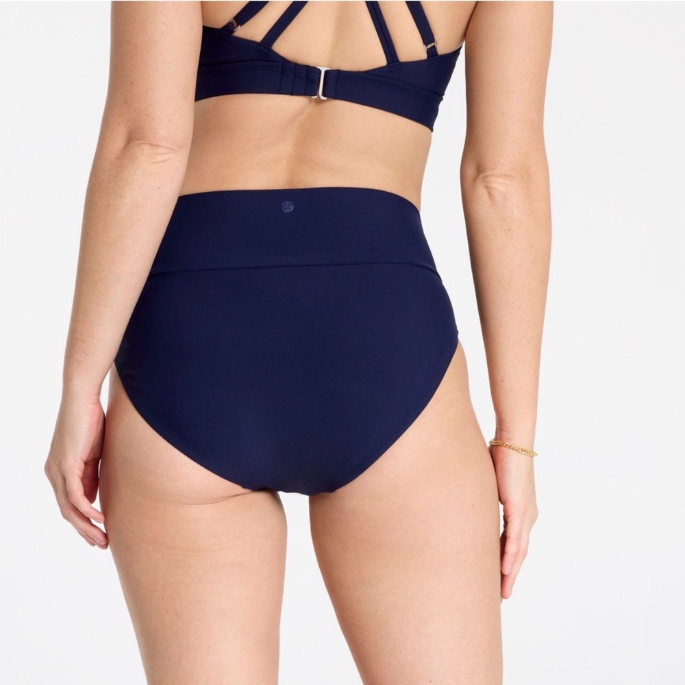 CALIA Wide Banded High Rise High Leg Swim Bottoms Navy Blue Sz L Flattering NWT - Picture 2 of 11